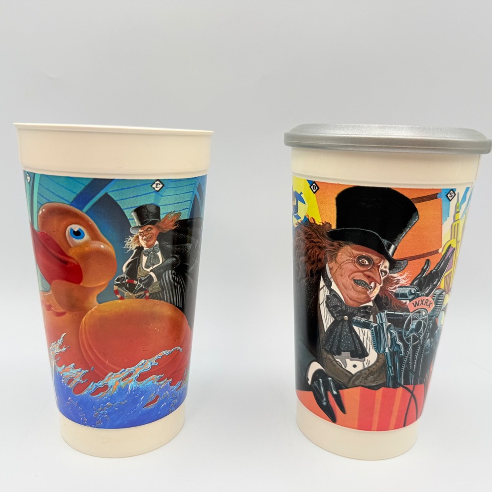 Vintage 1992 McDonalds Batman Returns Cups The Penguin Batdisc Lid Set of 2